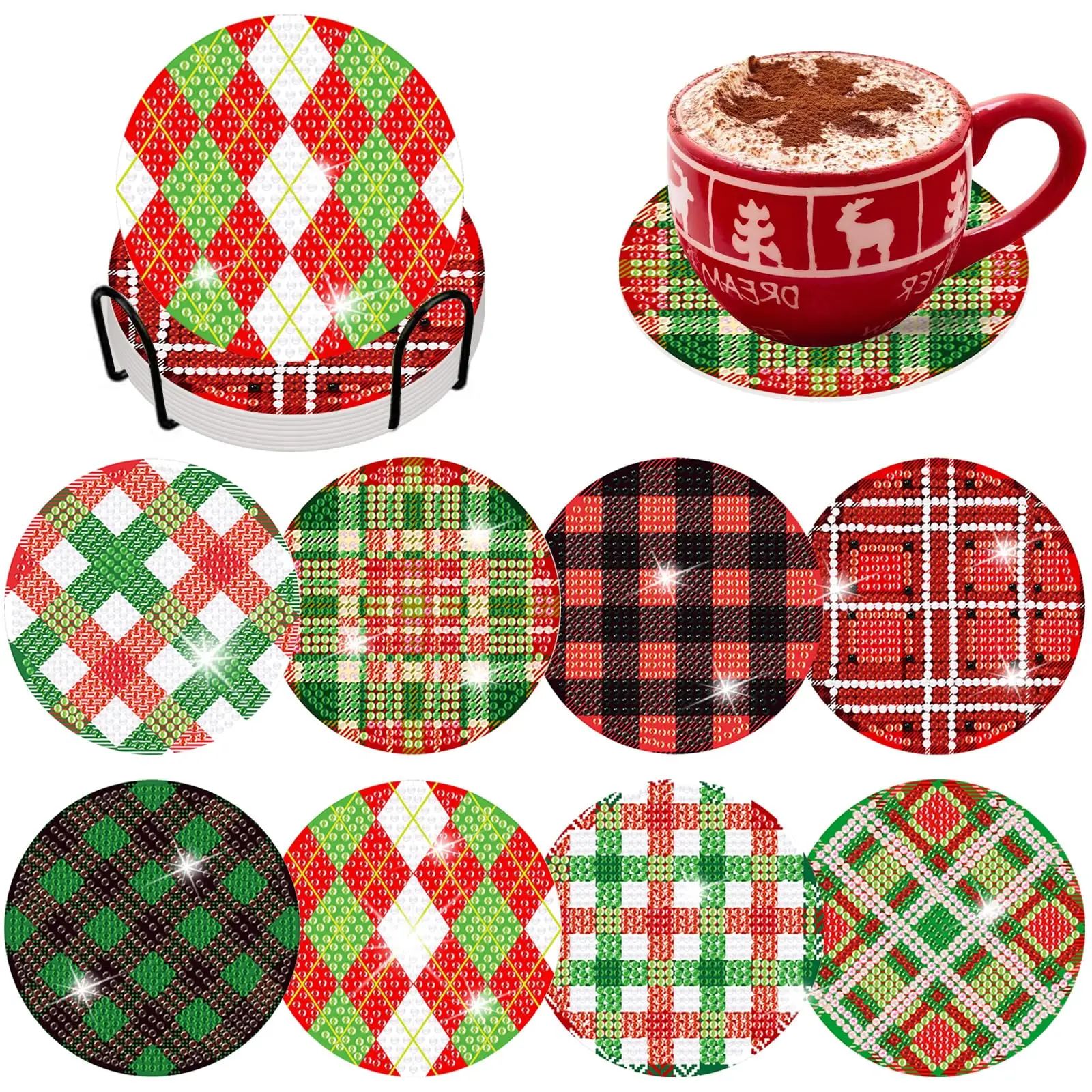 

8 Pcs Christmas Plaid Diamond Art Painting Coasters Kits with Holder DIY Christmas Plaid Diamond Art Coaster Non Slip Coaster