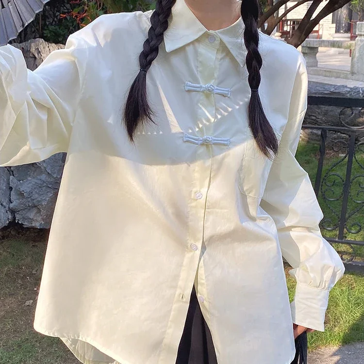 Блузка женская в китайском стиле Харадзюку с длинным рукавом и пуговицами