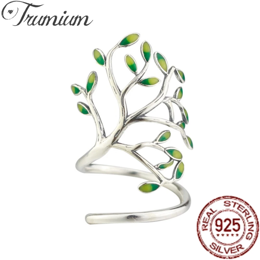 

Trumium 100% 925 Sterling Silver Innovative Tree of Life Green Tree Leaves Adjustable Finger Rings for Women Trendy Jewelry