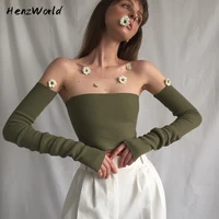 henzworld off shoulder green knit crop tops for women tube top with sleeve backless tanks cropped feminino top streetwear