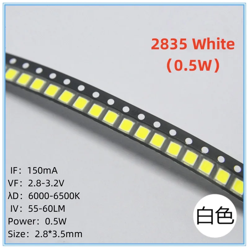 

100Pcs SMD LED 2835 0.5W White 6000-6500K LED Lamp Beads Size 2835 Light-emitting Diode High Bright Quality