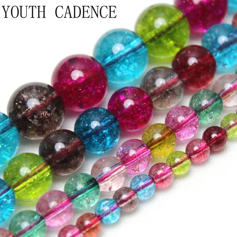 

Natural Tourmaline Color Cracked Crystal Stone Beads Round Loose Beads For Jewelry Making DIY Necklace Bracelet 15inches 6/8/10m
