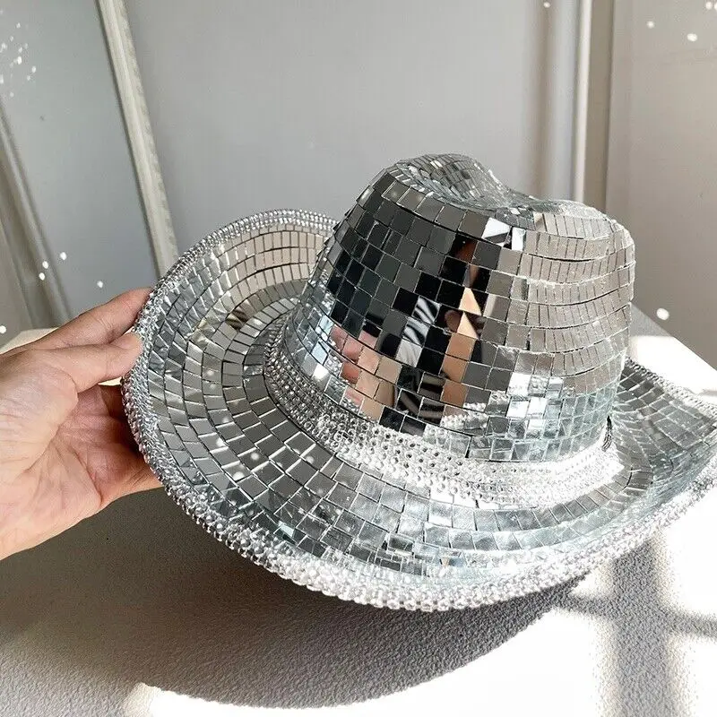 Cowboy Hat Glitter Mirror Glass Stunning Disco Ball Hat Classic Glitter Ball Disco Fashion DJs Hat Ball Hat For Cowboy & Cowgirl