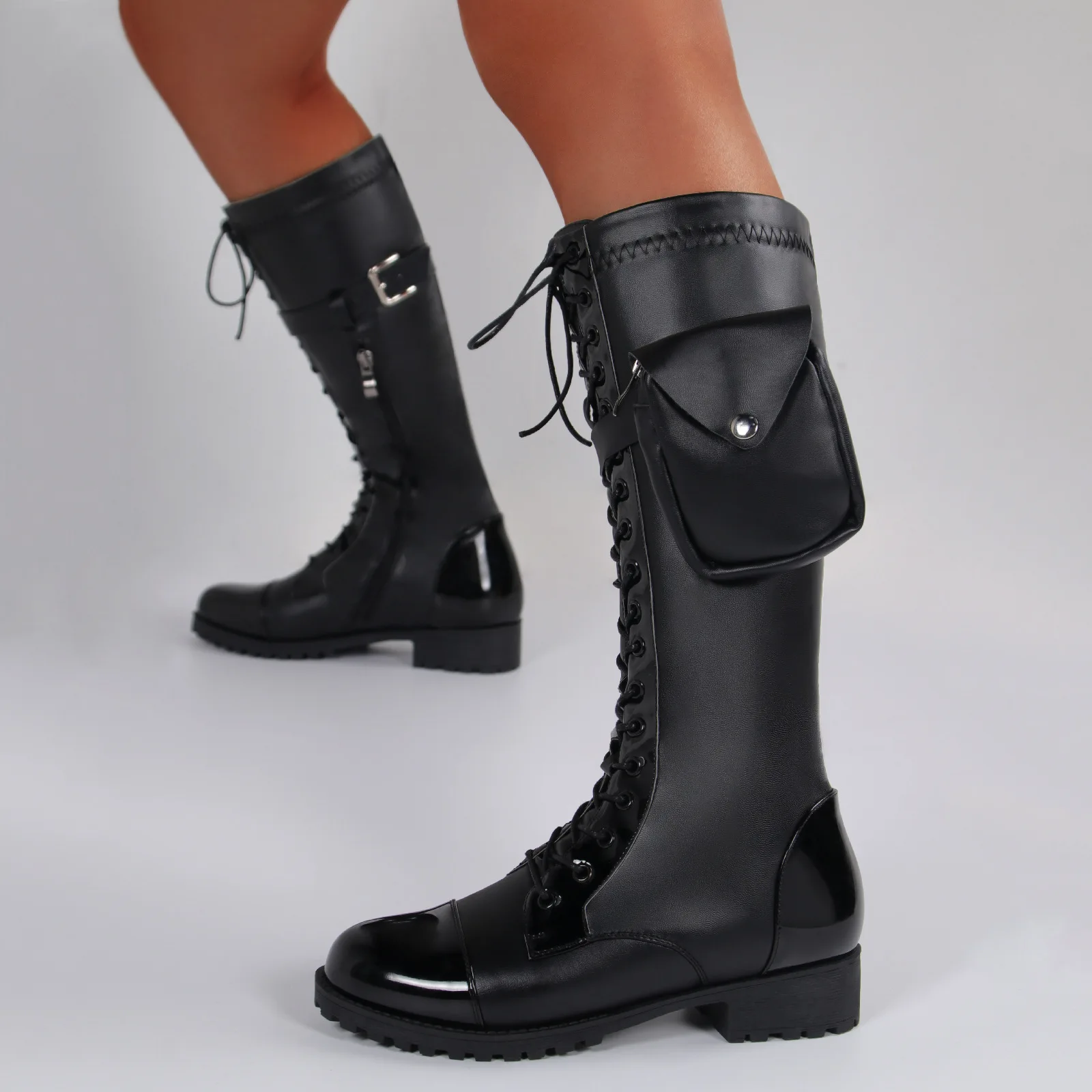 

Black Long Knight Boots Mid-Calf Botas Mujer Invierno Fall Decorative Bag Women Solid Color Shoes Fashion Cross-tied Botte Femme