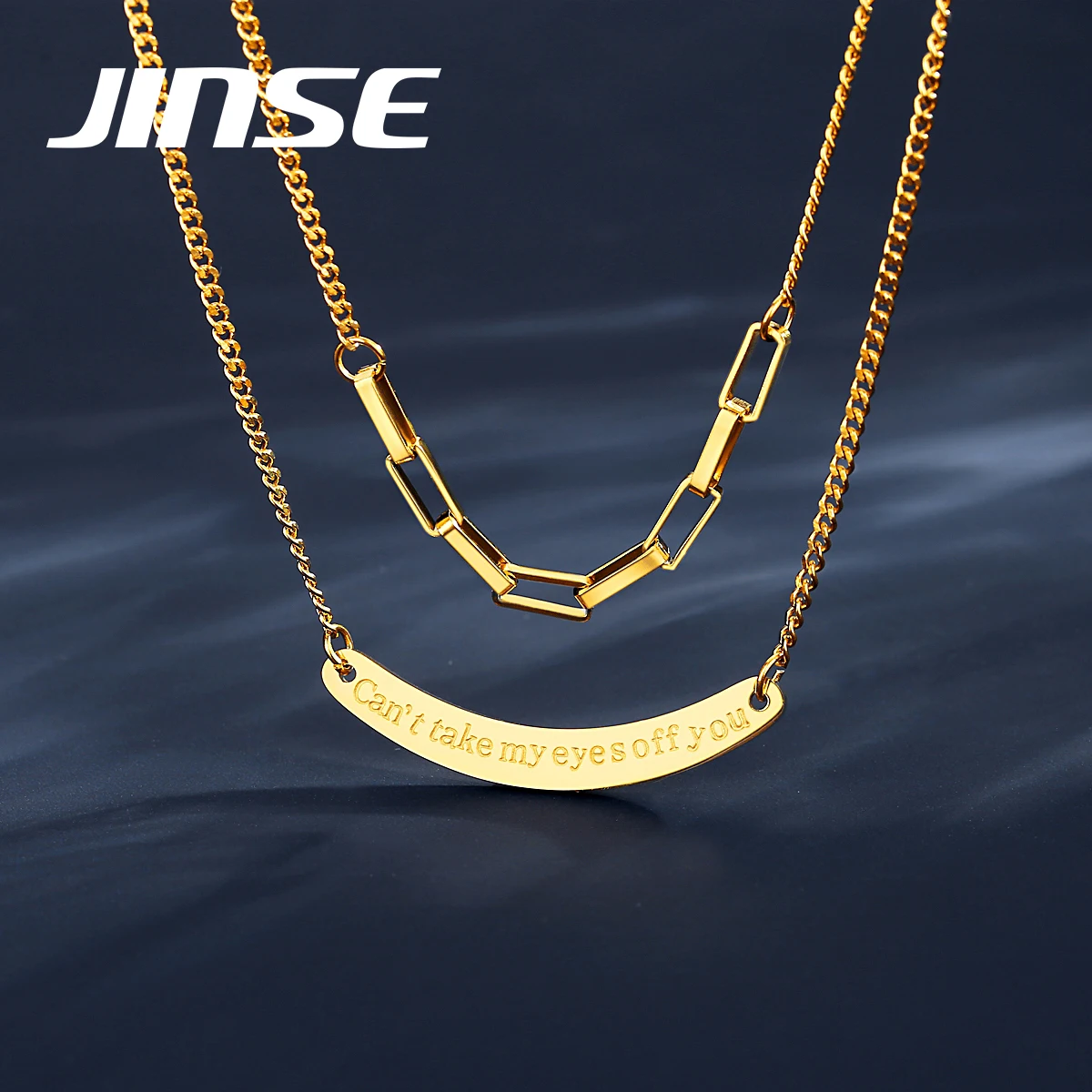 

JINSE New 316L Stainless Steel Double Layer Letter Choker Gold Metal Chain Pendant Necklaces for Women Fashion Jewelry Bar Kolye