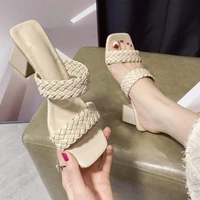 leather braided high heel sandals women runway party shoes woman cross wove folds mules shoes sexy thin heel slippers