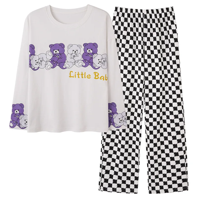 New Spring and Summer Pajamas for Women's Cotton Round Neck Loose Sweet Cute Long-sleeved Trousers Home Service Suit Loungewear