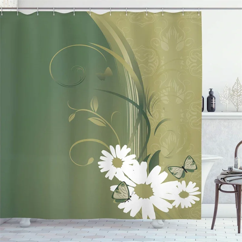 Водонепроницаемая занавеска для душа Летающие бабочки ромашка