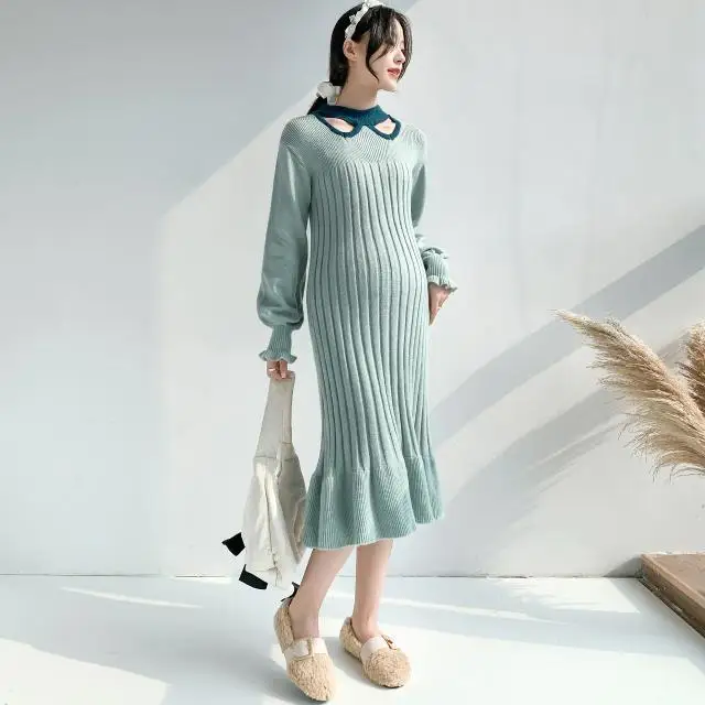 Fashion Soft Maternity Dress Autumn And Winter Knitted Skirt Maternity Dress Knitted Hollow Out Fishtail Skirt with Collar