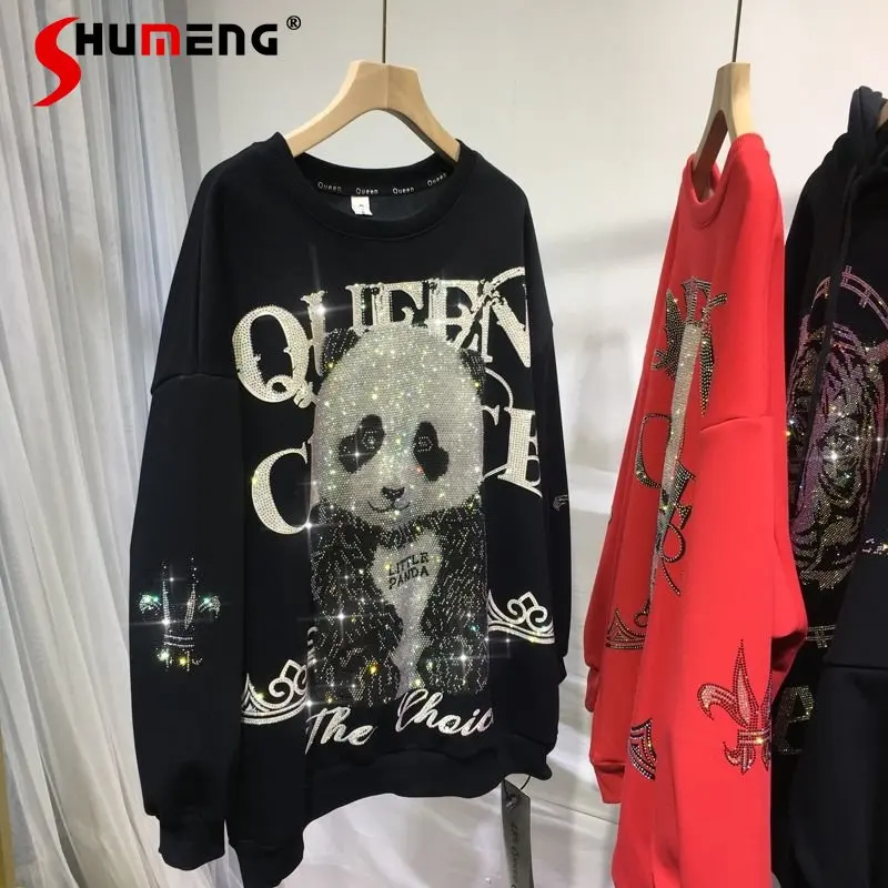 

Large Size Women's Clothings Fleeced Thickened Sweatshirt Ladies European Embroidery Hot Drilling Cute Large Version Hoodie Top