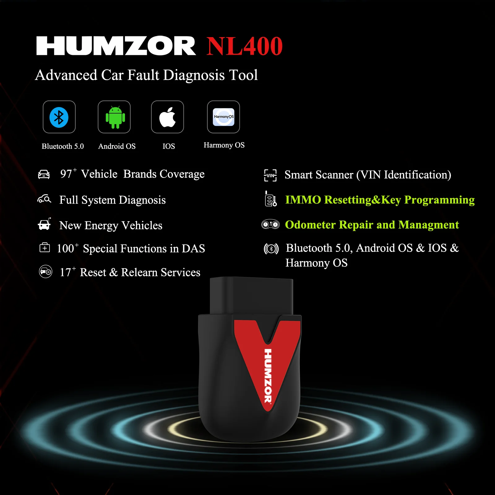 Автомобильный диагностический сканер ошибок humзор NL400 OBD2 приложение для сброса