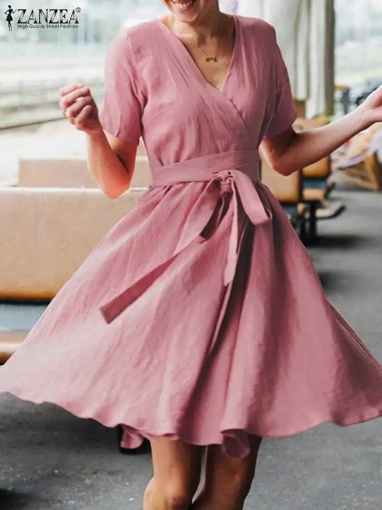 

Women Summer V Neck Short Sleeve Bow Tie Sundress ZANZEA Fashion Solid Party Knee-length Vestidos Casual Elegant OL Work Dress