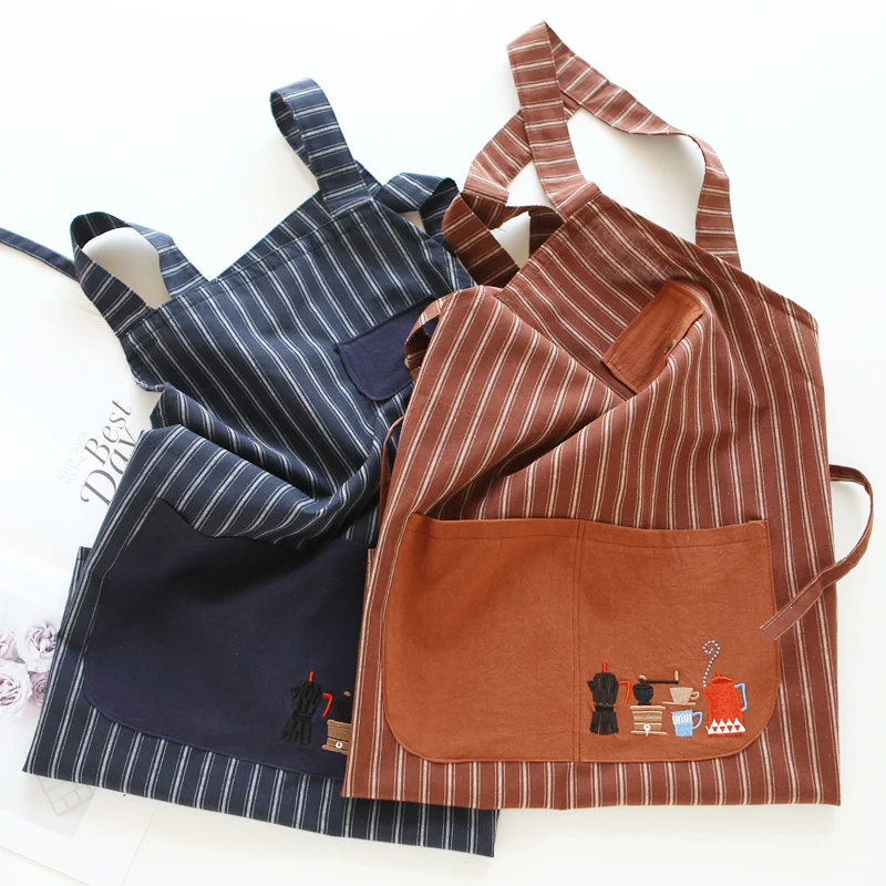 

Simple linen cotton stripe waterproof household kitchen strap-type housework cleaning apron men and women work clothes apron