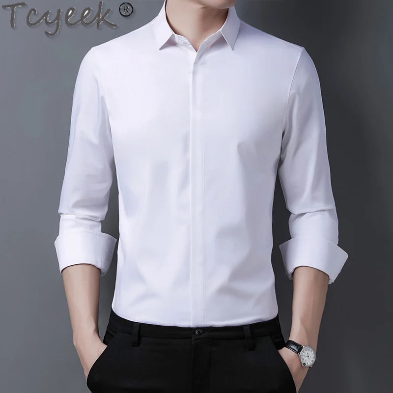 Tcyeek Men's Shirts 2022 Summer Mulberry Silk Business Casual Shirts for Men Fashion Long Sleeve Shirt Tops Camisa Masculina Lq