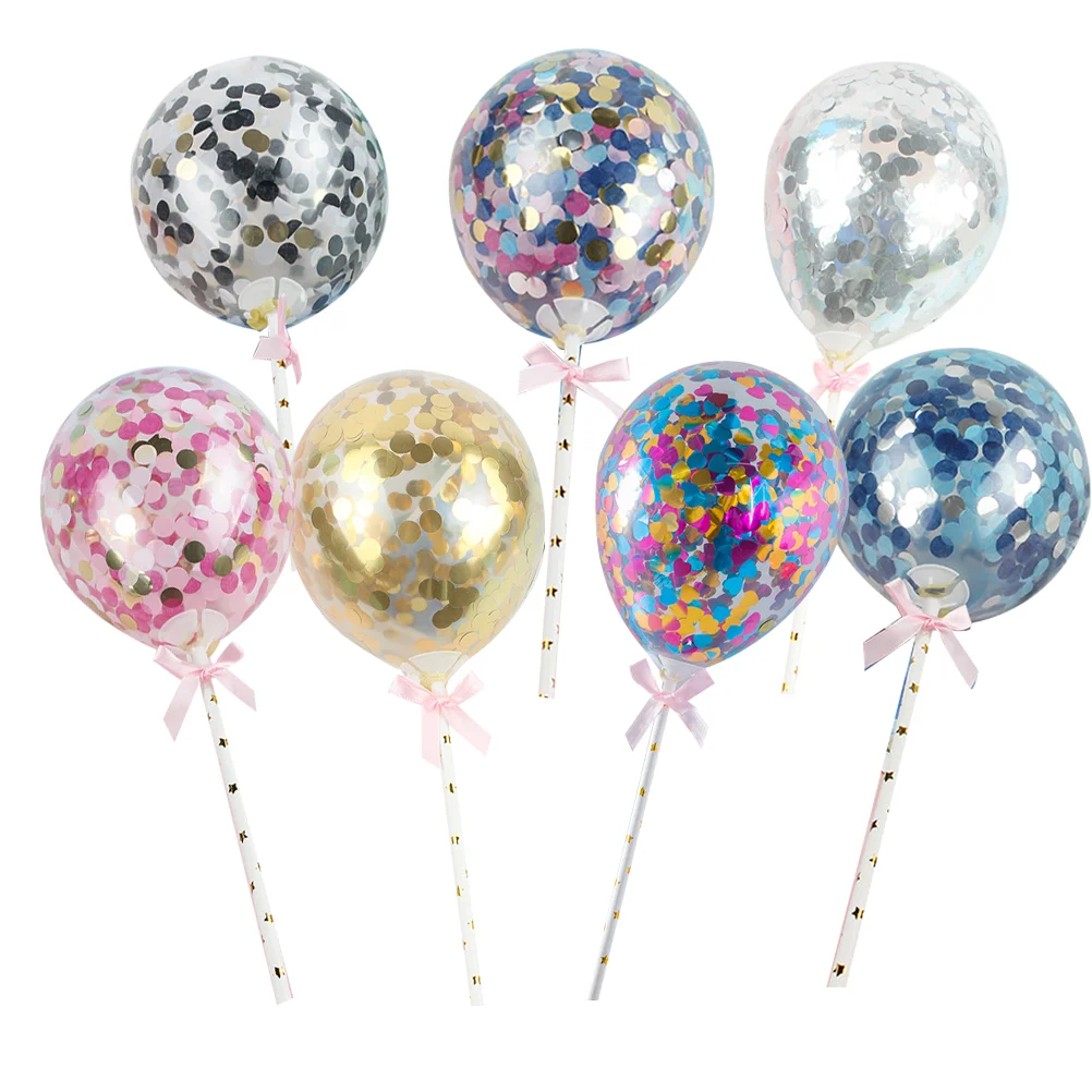 

7PCS Sequins Balloons Cake Toppers Creative Confetti Balloons Cake Plug Birthday Decorative Sequined Balloon Cake Toppers for