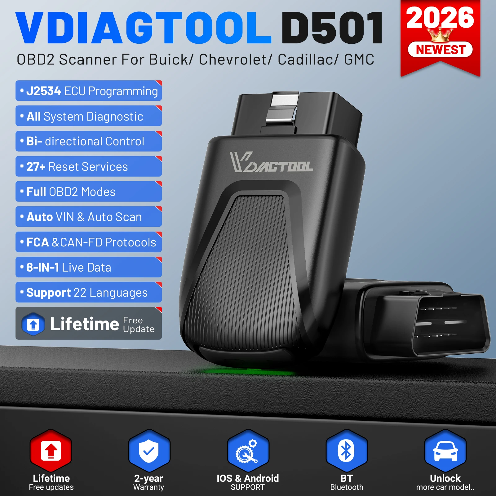 Фото Автосканер VDIAGTOOL D501 для автомобилей GM, диагностический инструмент с функцией определения VIN, 27+ сервисных функций, J2534, активный тест, считыватель кодов, пожизненные бесплатные обновления. №2