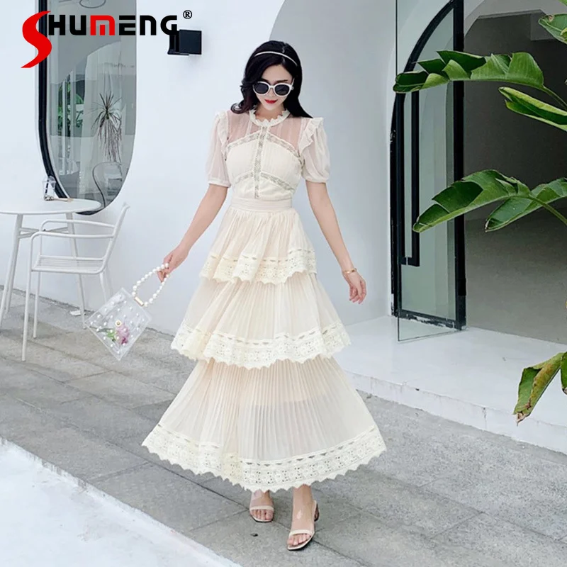Summer 2022 New Chiffon Lace Tiered-Ruffle Long Dress High-End Fairy French Zipper Short Sleeve Apricot Dress for Women Party