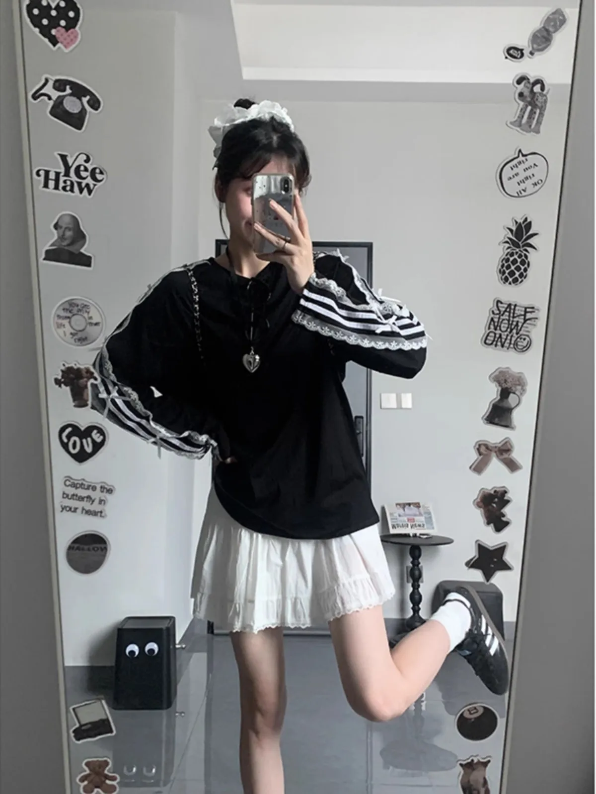 Корейская серия кружевная полосатая рубашка с бантом и длинными рукавами