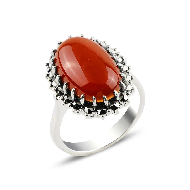 Silver 925 Sterling Red Agate & Marcasite Ring