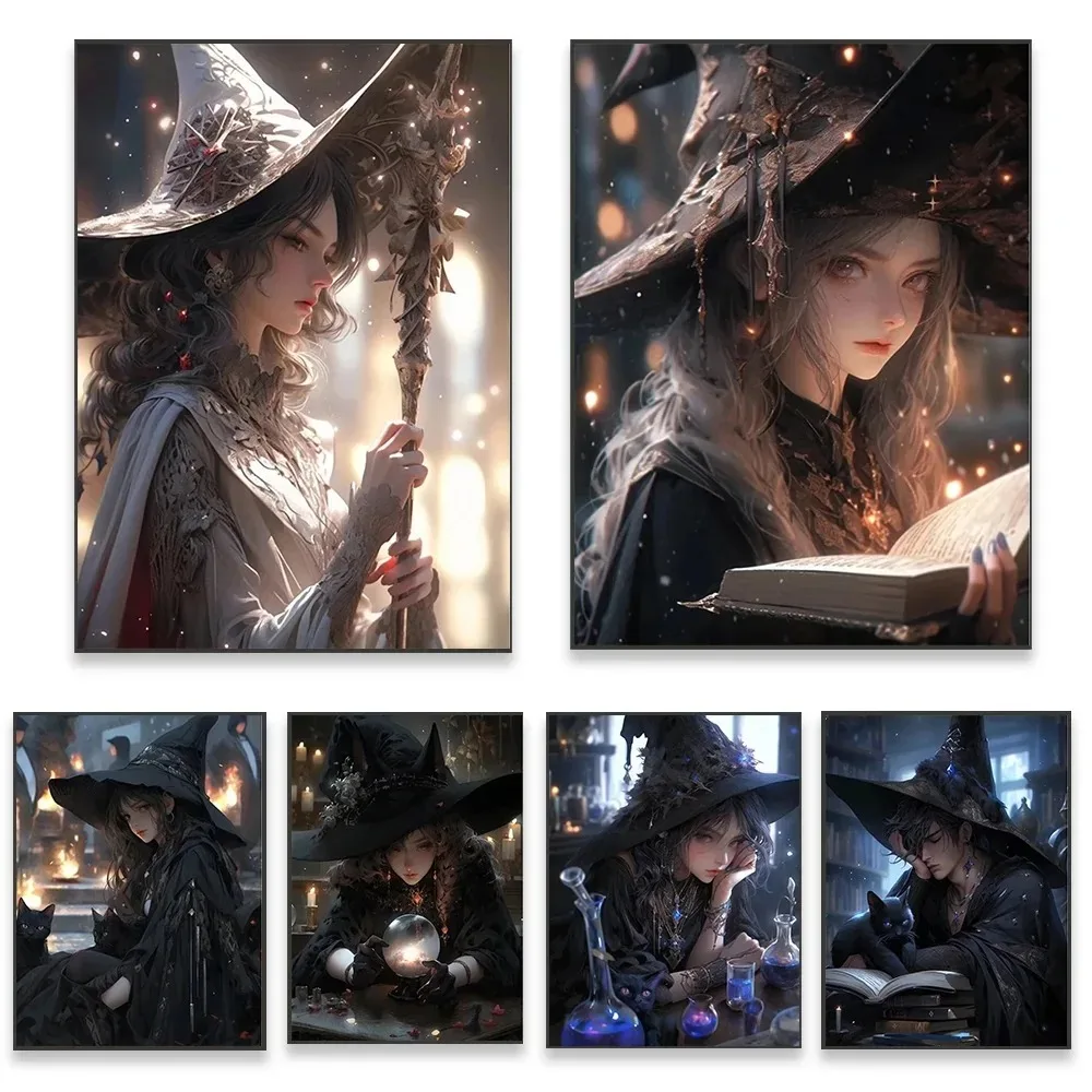 Мультяшный кот Ведьма искусство холст живопись плакаты и принты для гостиной