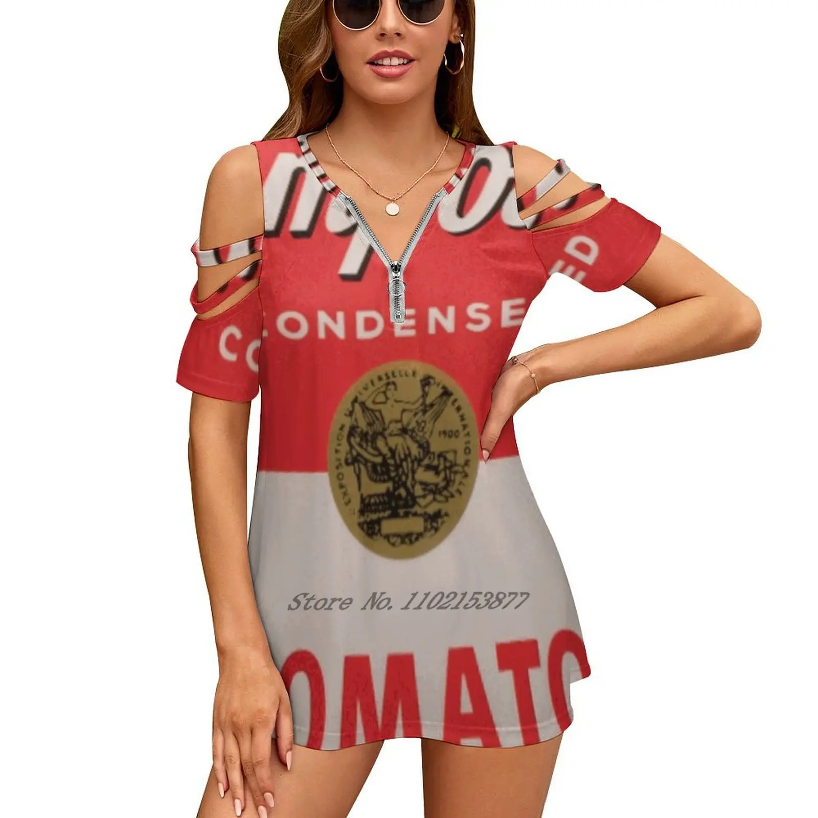 Tomato Soup Print Women'S T-Shirt Casual Short Sleeved Tops V-Neck Zipper Tee Ladies Loose T Shirts Andy Andrew Warhol Campbell