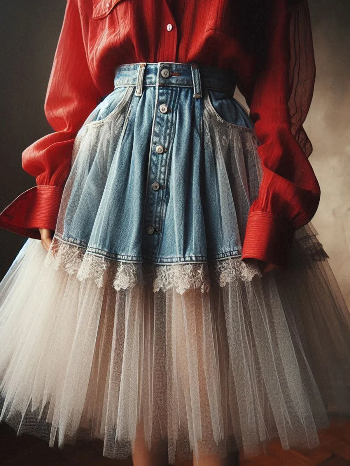 dżinsowa spódnica damska z wysokim stanem Denim Lace Tulle Patchwork A-Line Ruffled Pleated Midi Skirt 2024 Summer Y2k Fashion