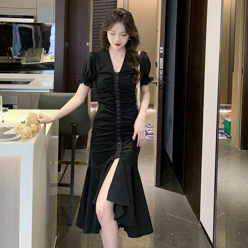 

Элегантное официальное платье, черное плиссированное платье с пышными рукавами и оборками, летнее модное облегающее платье с юбкой-годе, лето 2023