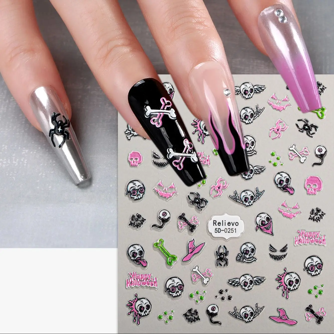 Наклейки для ногтей на Хэллоуин 3 шт. Y2K тыква череп кость призрак крест наклейки