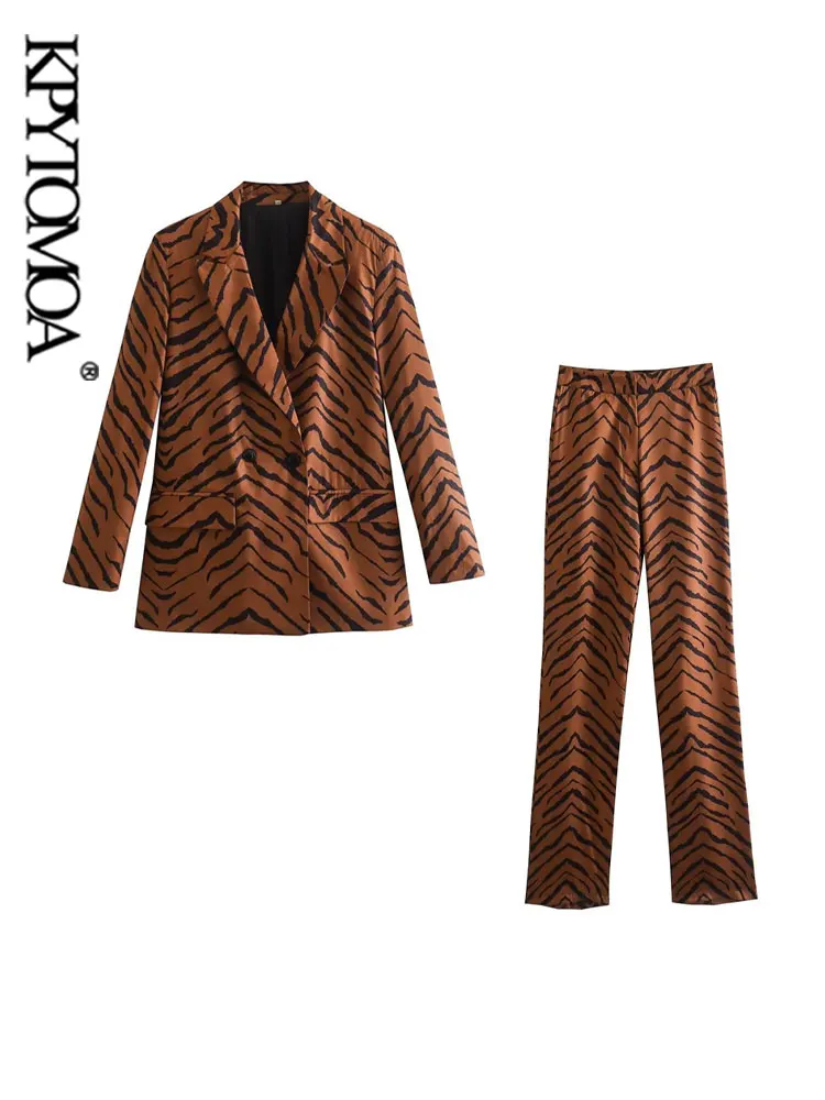 

KPYTOMOA Women Fashion Animal Print Blazer Coat And High Waist Zipper Fly Flared Pants Female Two Piece Sets Mujer