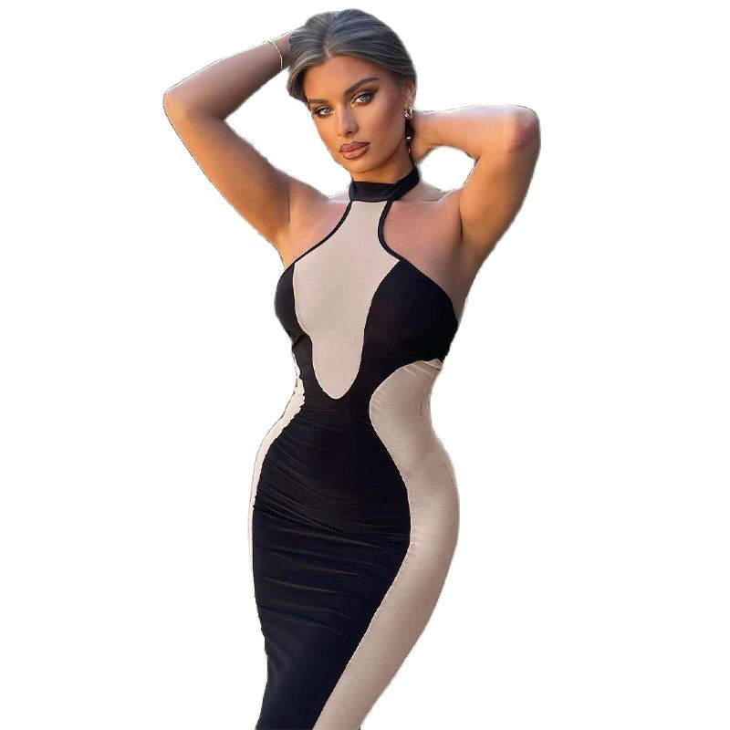 

Women's 2022 Summer New Contrast Color Collage Sleeveless Sexy Slim Wrap Hip Long Skirt Party Club Hanging Neck Round Neck Dress