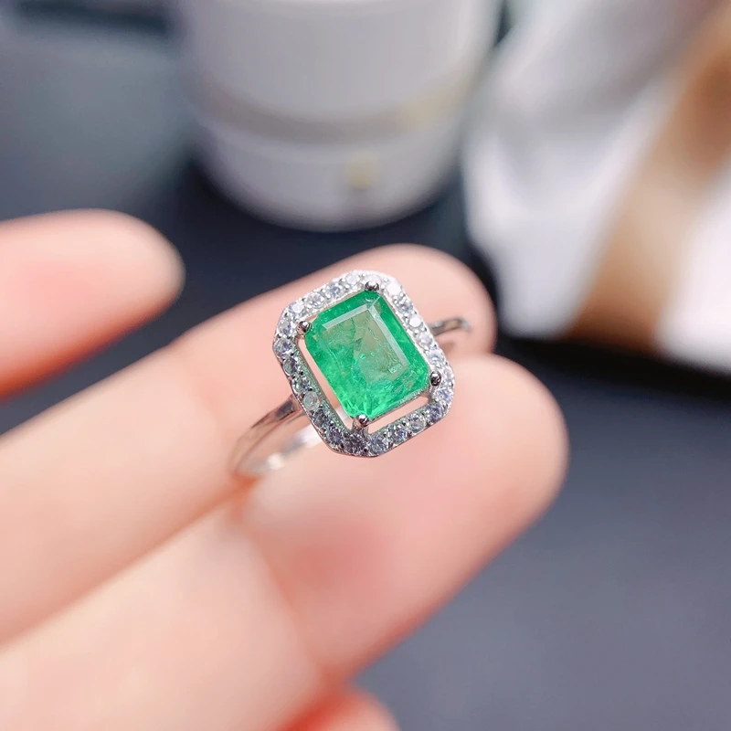 

Natural emerald ring women's 925 sterling silver simple and exquisite