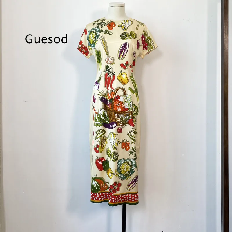 

Women Silk Dress 2022 Autumn Silk Vegetable Print Short Sleeve O-Neck Slim Waist Medium Length Dress New Arrive