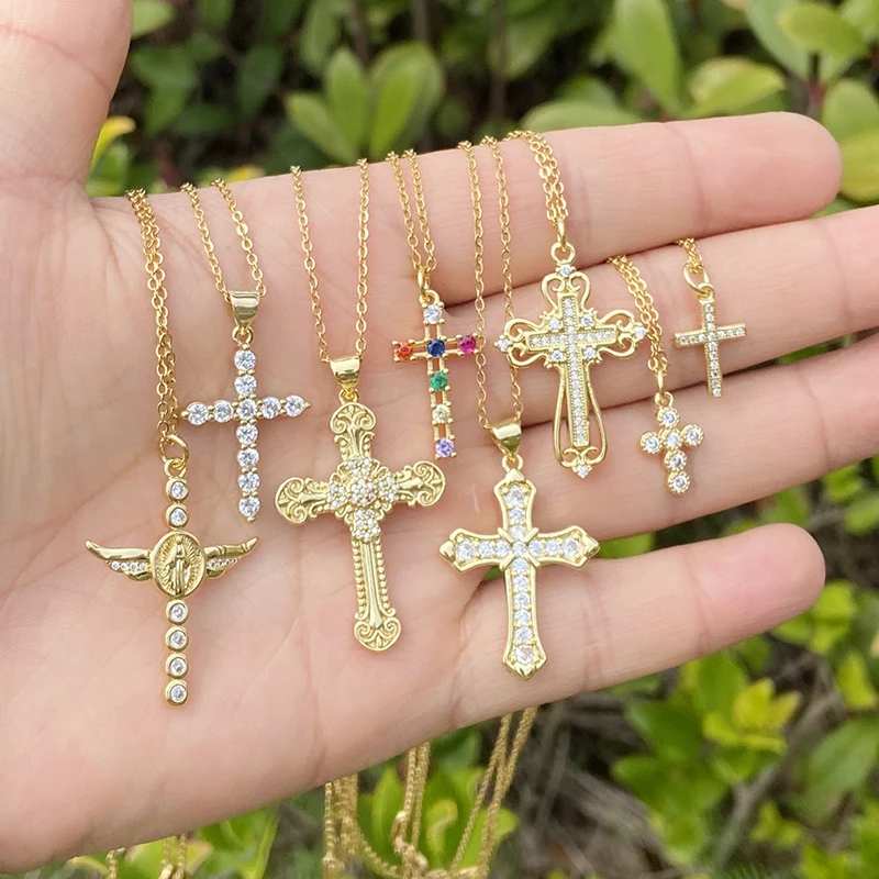 Delicate Luxurious Gold Color Cross Zircon Pendant Necklace For Women 2022 New Fashion Jewelry Gift 18K Gold Plated Copper Alloy