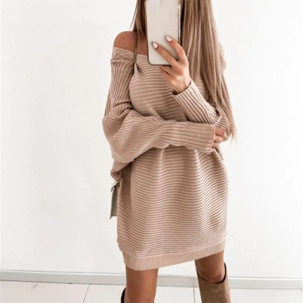 Comfortable  Chic Pure Color Lady Spring Mini Dress Soft Sweater Dress Pullover   Lady Garment