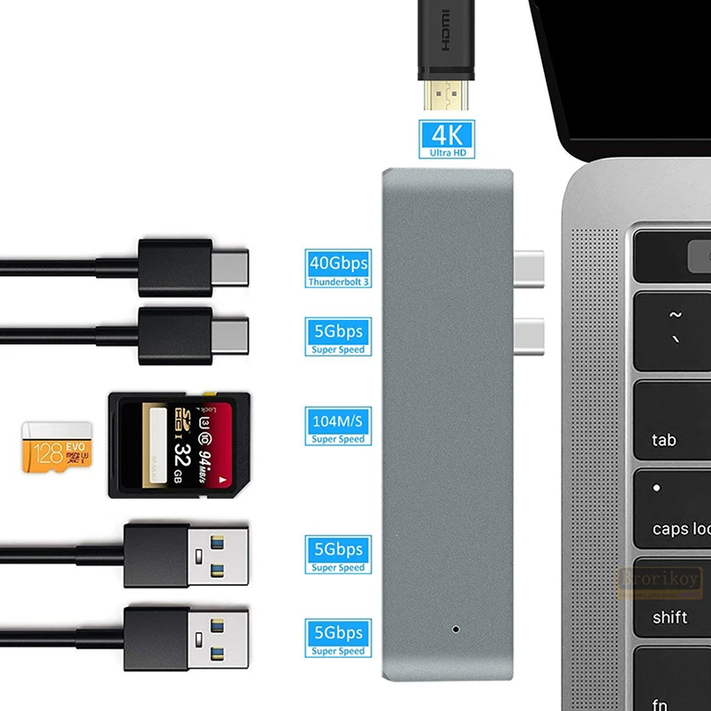 Фото USB-хаб USB-C Duo 7-в-2 для MacBook Pro Air, HDMI-совместимый, 4K60Hz HDR HDTV, 100W PD, 40Gbps USB 3.1, устройство для чтения карт Micro SD/SD №5
