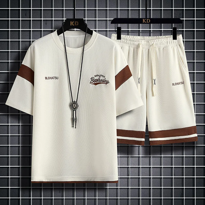 Waffle Shorts Suit Men's Summer Ice Silk Short Sleeve Men's Suit with Handsome Fashion Brand Casual Sportswear