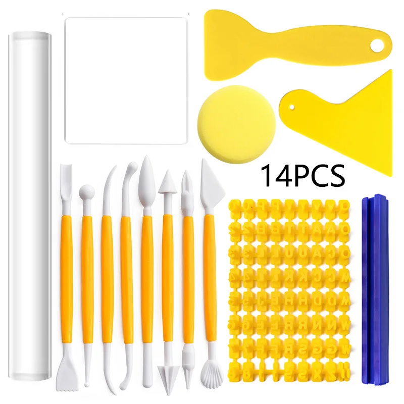 

14pcs/set DIY Clay Pottery Tools Set, Clay Carving Knife Set Acrylic Washboard Stick, Alphabet Number Clay Impress Embosser Set