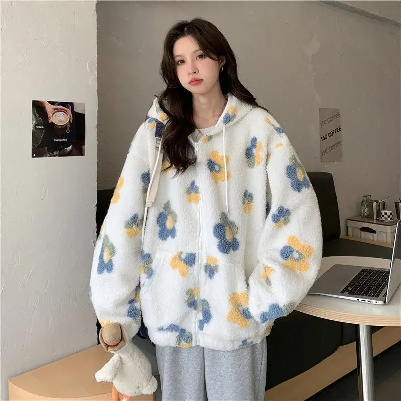 

Korean Fashion Youth Girls Daisy Flower Zipper White Hoodies Drawstring Fleece Female Hooded Warm Hiphop Clothing