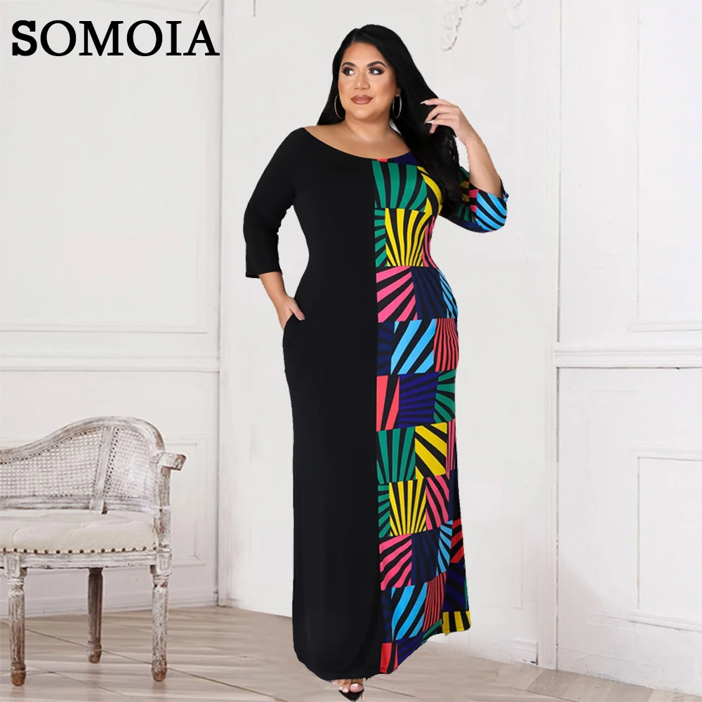 

SOMOIA XL-5XL Plus Size Dresses Patchwork Print Skinny Fashion Casual Birthday Party Oversize Dress Wholesale Dropshipping