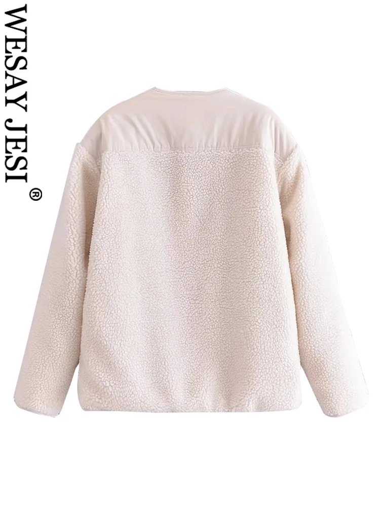 WESAY JESI Women's Winter Warm Jacket Retro Casual Ladies Top Solid Lamb Wool Long Sleeve Single Breasted Pocket Jacket Mujer