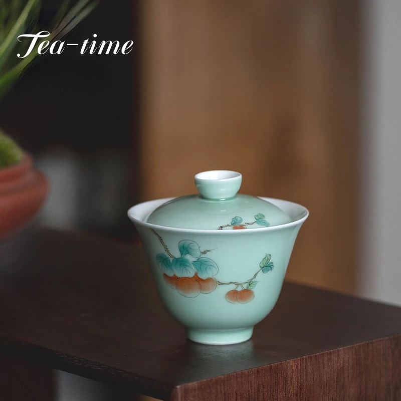 

120ml Hand-painted Persimmon Art Celadon Tea Tureen Retro Overglazed Color Tea Maker Small Gaiwan Tea Bowl Kung Fu Teaware Set