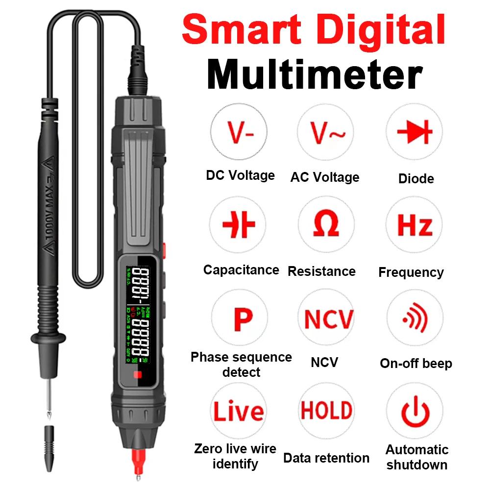 

Smart Digital Multimeter 6000 Counts Non Contact High Precision Voltage Detector Pen Auto Range Capacitance OHm NCV Tester