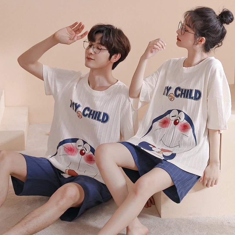 

Summer Women Men Pajamas Set Couple Sleepwear Anime Doraemon Printing Short Sleeve Cotton Pijama Suit Korean Loose Lover Pyjama