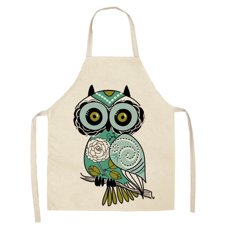

1Pcs Cartoon Owl Printed Kitchen Apron for Woman Sleeveless Cotton Linen Aprons For Cooking Home Cleaning Tools 55*68cm