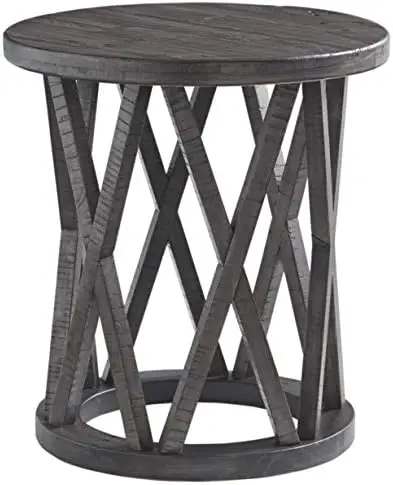 

Rustic Round End Table Made of Solid Pine Wood, Gray with Weathered Finish