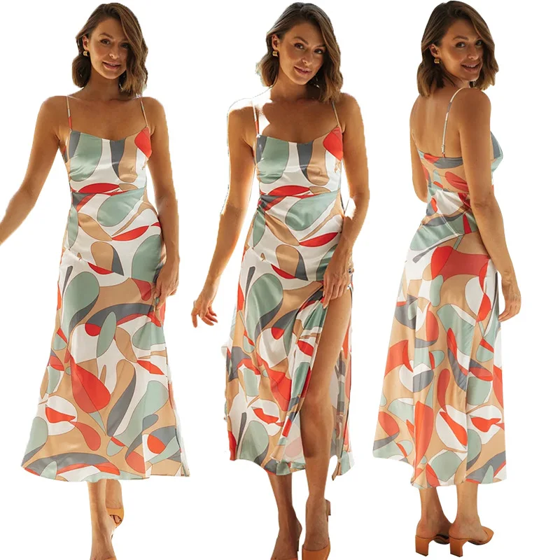

Spring and Summer New Elegant Sexy Strap Multi-Color Printed Side Slit Long Dress for Women