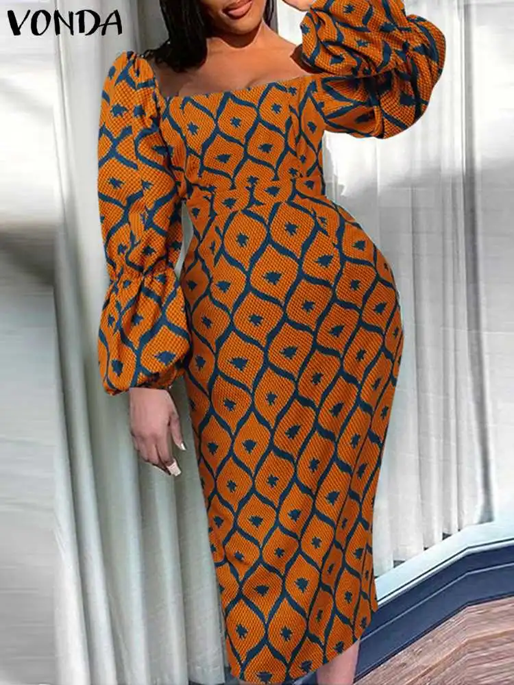 

Элегантное офисное платье VONDA, женский сарафан с длинным рукавом-фонариком и принтом, осень 2023, сексуальное женское платье с квадратным вырезом, повседневные платья