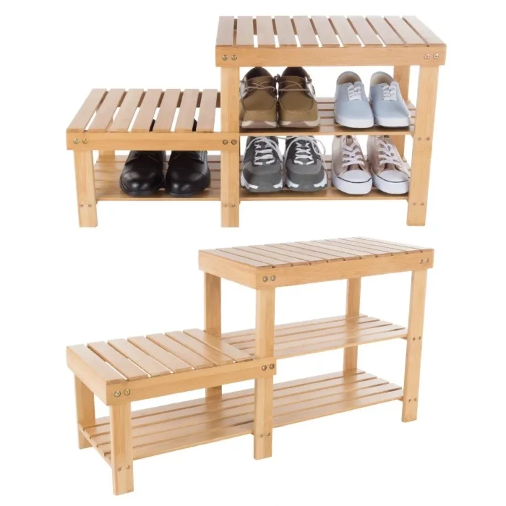 

2-Tier Bamboo Shoe Storage Rack and Bench for entryway, hallway, living room, bedroom, or bathroom by Lavish Home