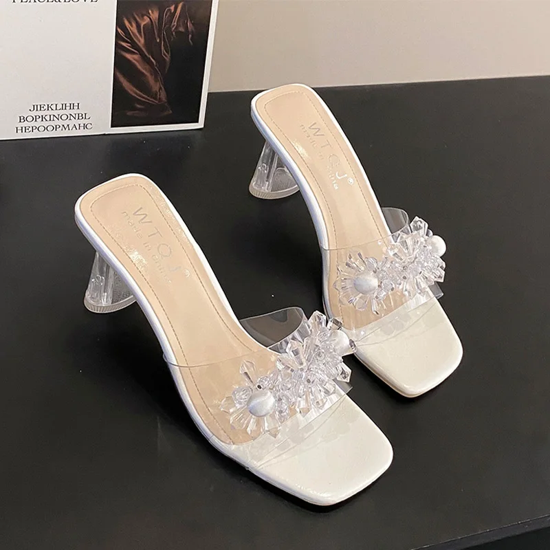 

Летние туфли на высоком каблуке, новинка, модные женские тапочки из ПВХ с кристаллами, 2023, туфли-лодочки, сандалии, сланцы, Женская Классическая обувь