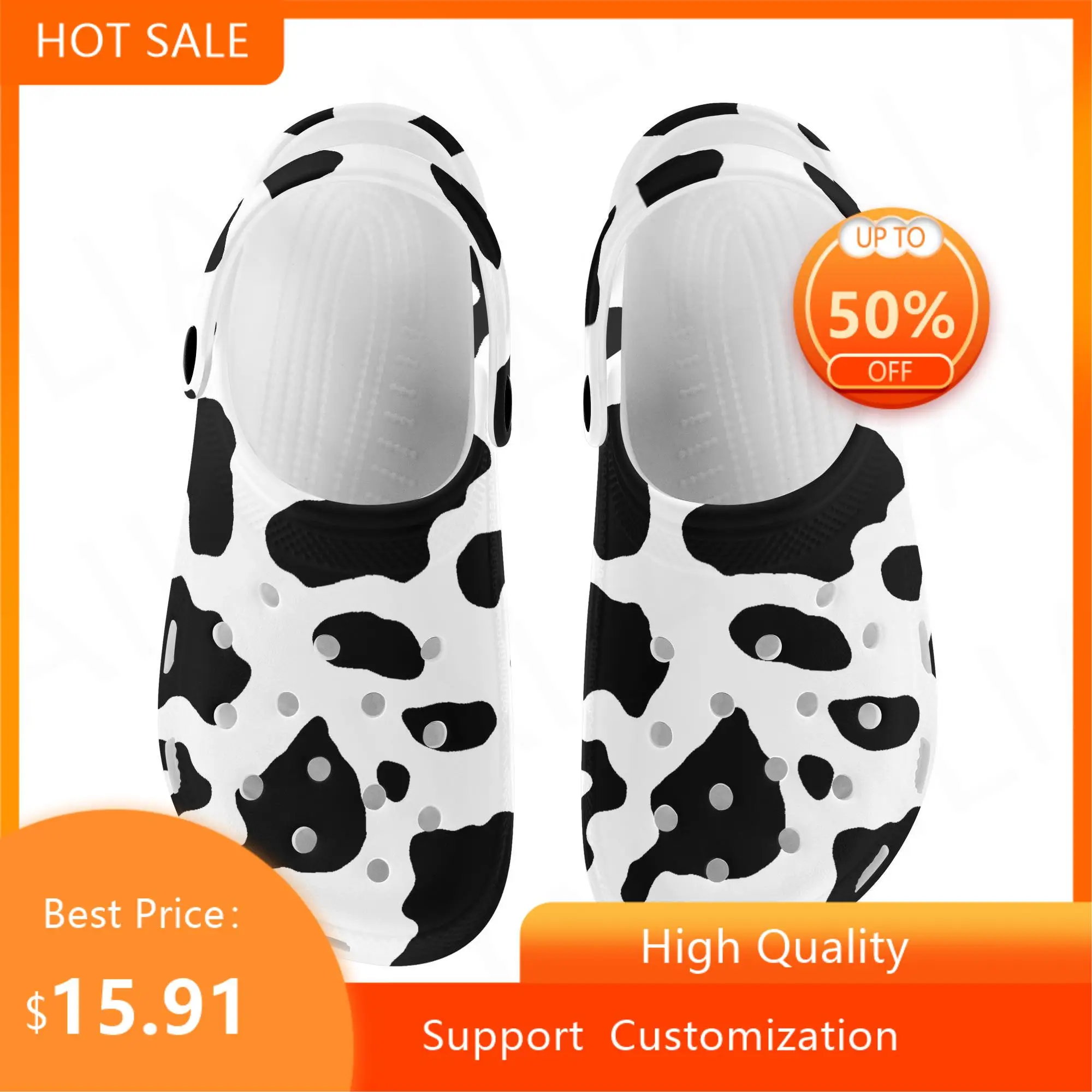 

Женские сандалии без застежки HYCOOL, милая обувь для сада и пляжа, с коровьим принтом, на плоской подошве, повседневные шлепанцы с перфорацией,...